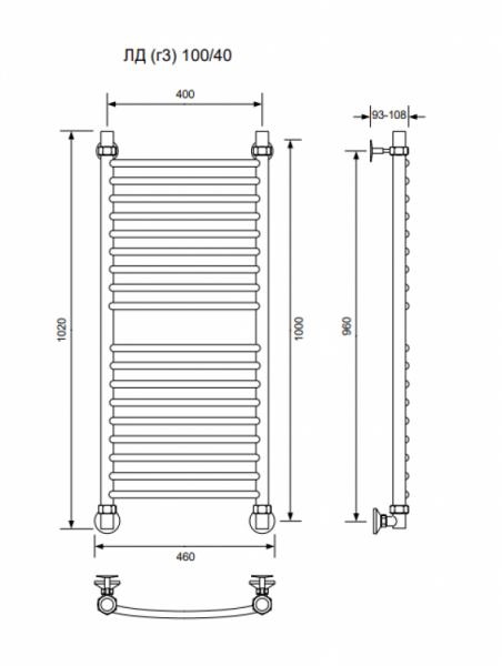 ЛД (г3)-100/40/46 без полочки водяной Полотенцесушители «Ника»