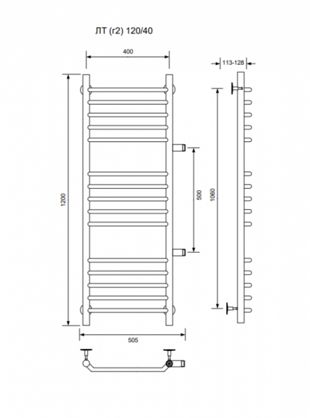 ЛТ (г2)-120/40/46 водяной с боковым подключенем Полотенцесушители «Ника»