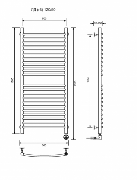 ЛД (г3)-120/50/57 без полочки электрический Полотенцесушители «Ника»