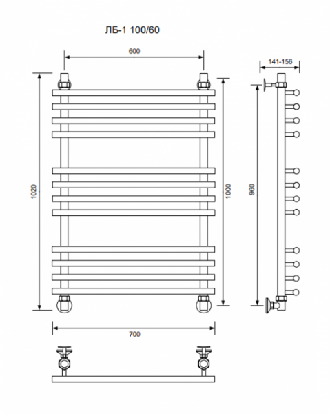 ЛБ 1-100/60/70 без полочки водяной Полотенцесушители «Ника»