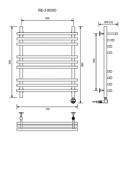 ЛБ 3-80/60/70 без полочки электрический Полотенцесушители «Ника»