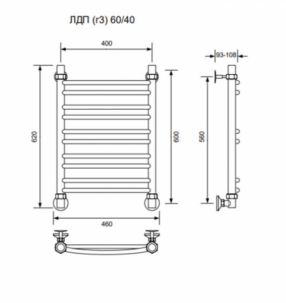 ЛДП (г3)-60/40/46 без полочки водяной Полотенцесушители «Ника»