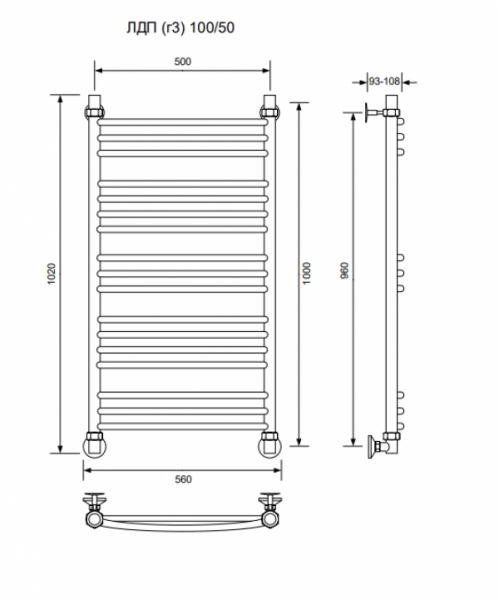 ЛДП (г3)-100/50/56 без полочки водяной Полотенцесушители «Ника»