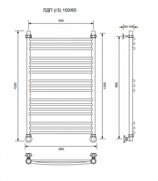 ЛДП (г3)-100/60/66 без полочки водяной Полотенцесушители «Ника»