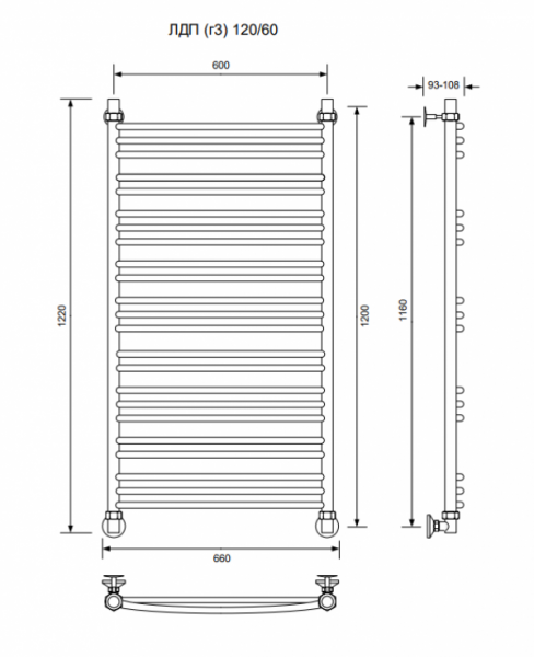 ЛДП (г3)-120/60/66 без полочки водяной Полотенцесушители «Ника»