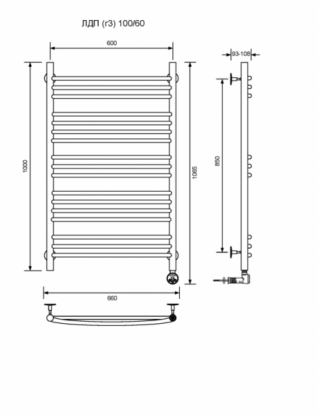 ЛДП (г3)-100/60/67 без полочки электрический Полотенцесушители «Ника»