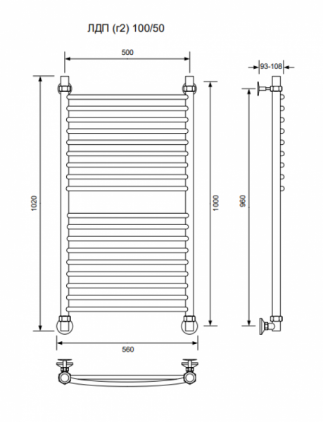ЛДП (г2)-100/50/56 без полочки водяной Полотенцесушители «Ника»