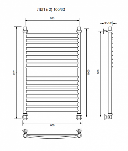 ЛДП (г2)-100/60/66 без полочки водяной Полотенцесушители «Ника»