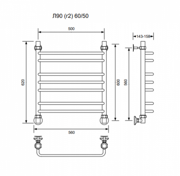 Л90 (г2)-60/50/56 без полочки водяной Полотенцесушители «Ника»