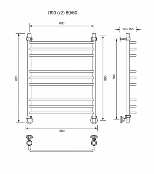 Л90 (г2)-80/60/66 без полочки водяной Полотенцесушители «Ника»