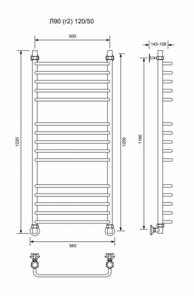 Л90 (г2)-120/50/56 без полочки водяной Полотенцесушители «Ника»