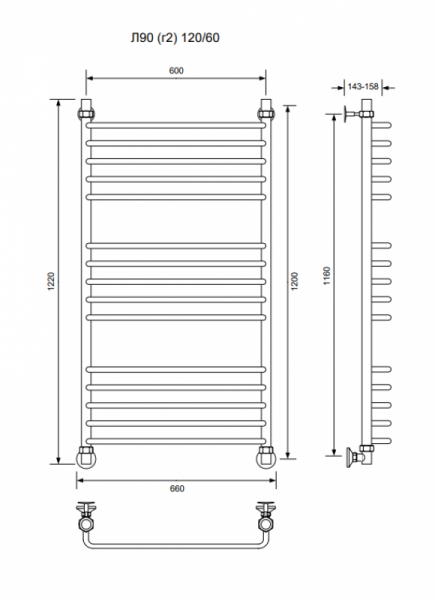 Л90 (г2)-120/60/66 без полочки водяной Полотенцесушители «Ника»