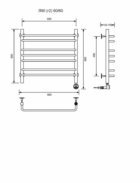 Л90 (г2)-60/60/67 без полочки электрический Полотенцесушители «Ника»