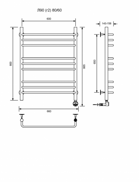 Л90 (г2)-80/60/67 без полочки электрический Полотенцесушители «Ника»