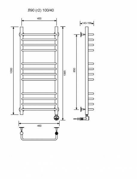 Л90 (г2)-100/40/47 без полочки электрический Полотенцесушители «Ника»