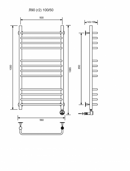 Л90 (г2)-100/50/57 без полочки электрический Полотенцесушители «Ника»