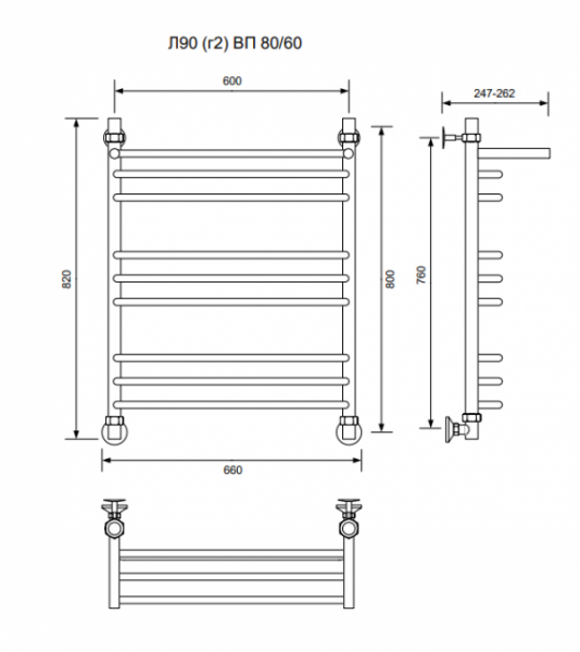 Л90 (г2) ВП-80/60/66 с полочкой водяной Полотенцесушители «Ника»