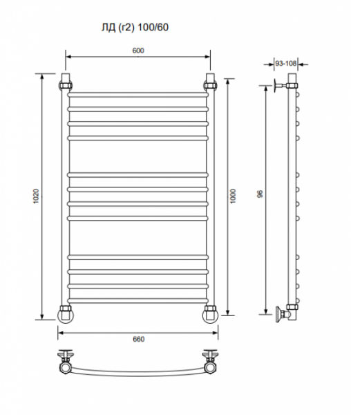 ЛД (г2)-100/60/66 без полочки водяной Полотенцесушители «Ника»