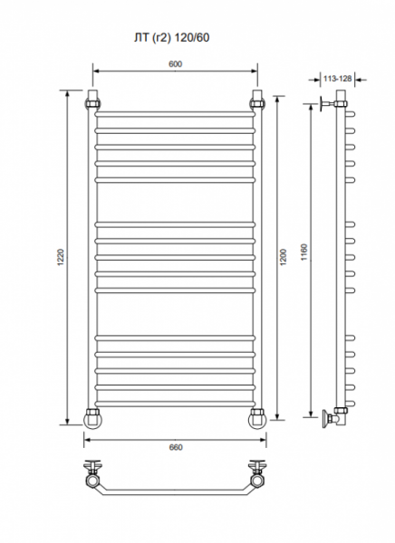 ЛТ (г2)-120/60/66 без полочки водяной Полотенцесушители «Ника»