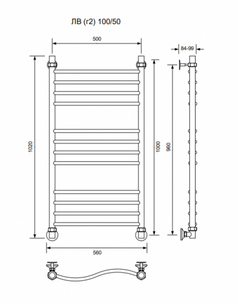 ЛВ (г2)-100/50/56 без полочки водяной Полотенцесушители «Ника»