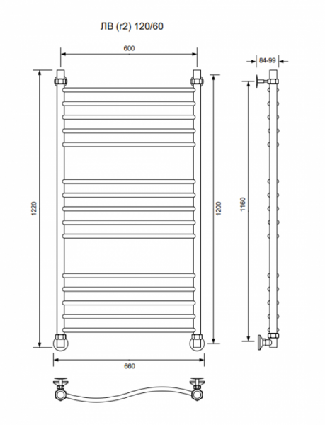 ЛВ (г2)-120/60/66 без полочки водяной Полотенцесушители «Ника»
