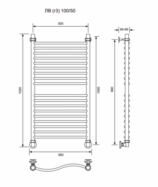 ЛВ (г3)-100/50/56 без полочки водяной Полотенцесушители «Ника»