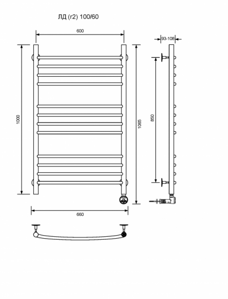 ЛД (г2)-100/60/67 без полочки электрический Полотенцесушители «Ника»