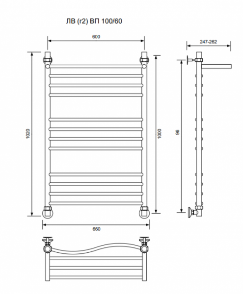 ЛВ (г2) ВП-100/60/66 с полочкой водяной Полотенцесушители «Ника»