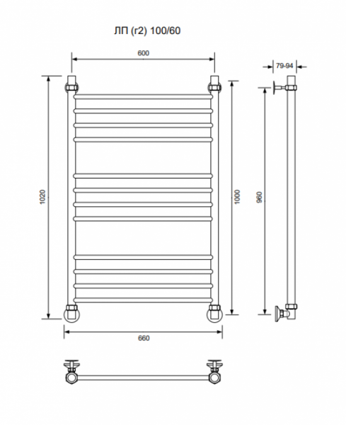 ЛП (г2)-100/60/66 без полочки водяной Полотенцесушители «Ника»