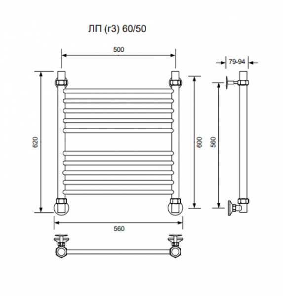 ЛП (г3)-60/50/56 без полочки водяной Полотенцесушители «Ника»