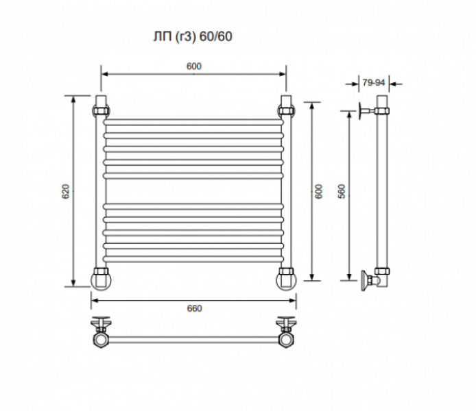 ЛП (г3)-60/60/66 без полочки водяной Полотенцесушители «Ника»
