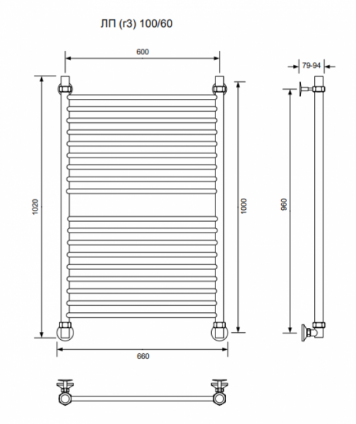 ЛП (г3)-100/60/66 без полочки водяной Полотенцесушители «Ника»