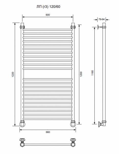 ЛП (г3)-120/60/66 без полочки водяной Полотенцесушители «Ника»
