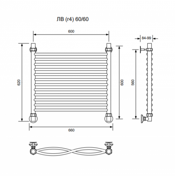 ЛВ (г4)-60/60/66 без полочки водяной Полотенцесушители «Ника»