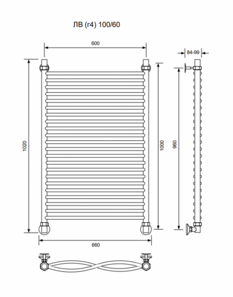 ЛВ (г4)-100/60/66 без полочки водяной Полотенцесушители «Ника»