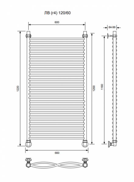ЛВ (г4)-120/60/66 без полочки водяной Полотенцесушители «Ника»