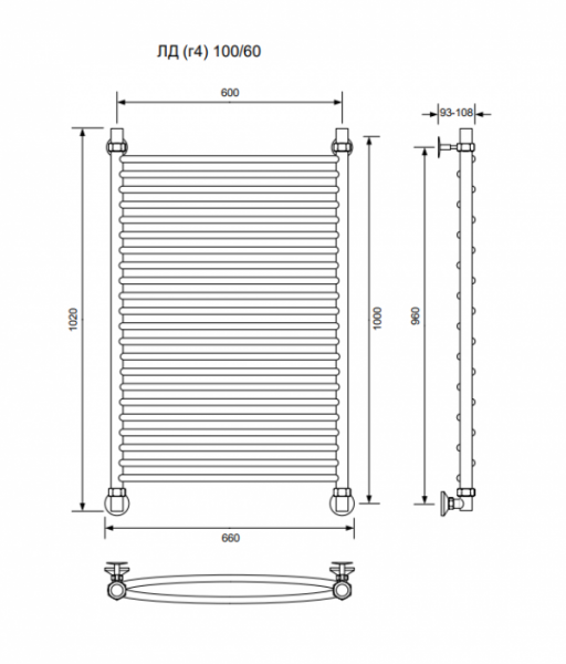 ЛД (г4)-100/60/66 без полочки водяной Полотенцесушители «Ника»