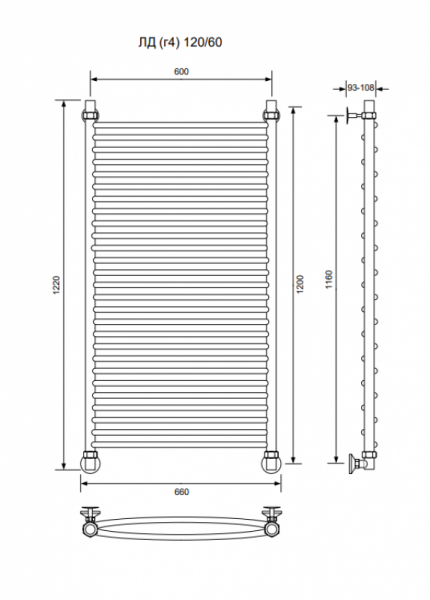 ЛД (г4)-120/60/66 без полочки водяной Полотенцесушители «Ника»